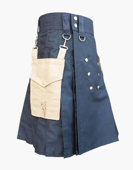 Utility kilt in black and khaki with detachable pockets